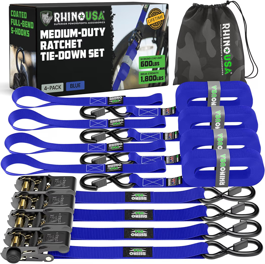 Rhino USA Ratchet Straps Tie Downs (4-Pack) - 1 Inch x 15 Feet (1,823lb Break Strength) - Ultimat... | Amazon (US)
