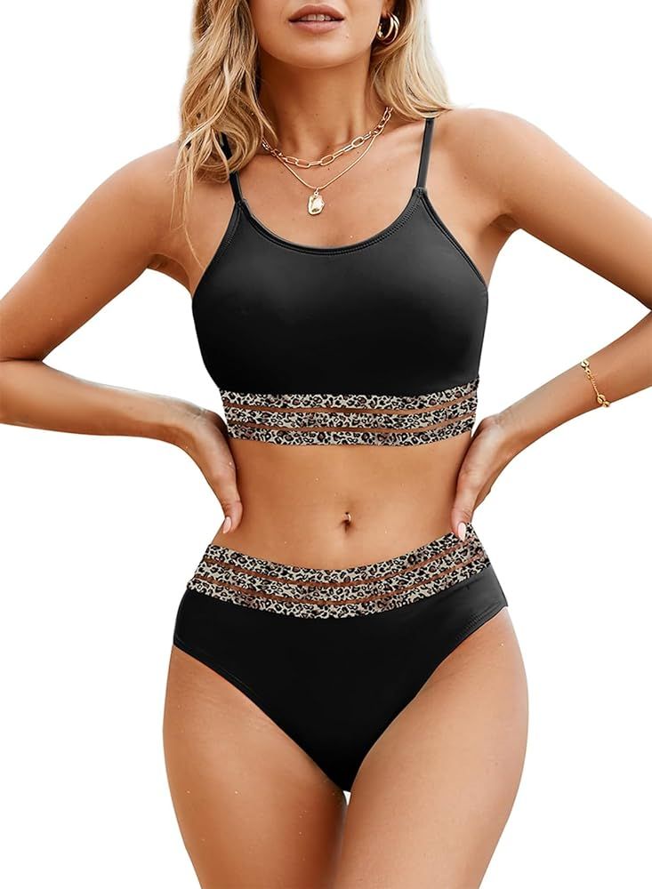 Herseas Women's Bikini Sets Contrast Leopard Mesh Trim 2 Piece Swimsuit Scoop Neck Adjustable Spa... | Amazon (US)