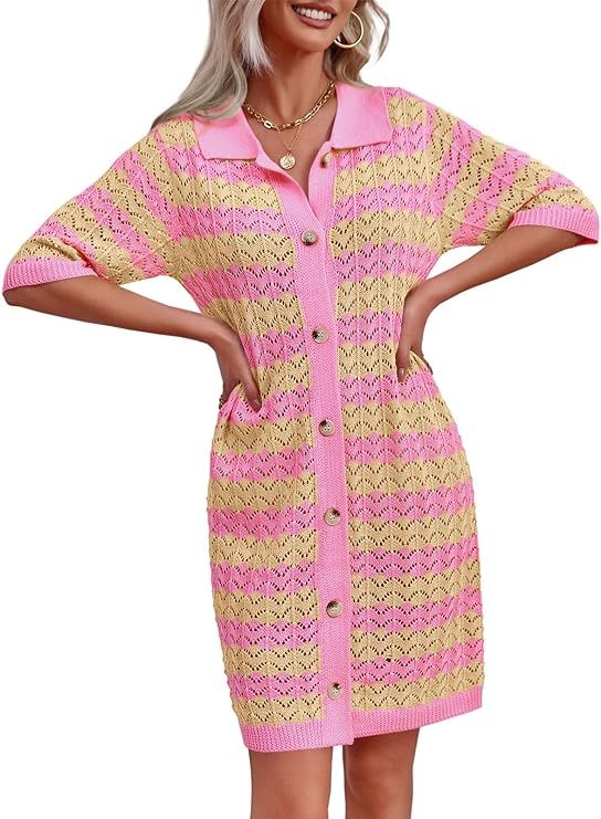 Fisoew Womens Striped Crochet Coverups Half Sleeve Color Block Cardigan Cover Ups 2024 Button Dow... | Amazon (US)