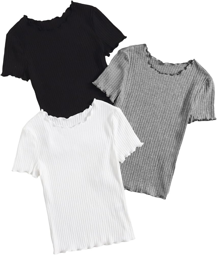 Floerns Women's 3 Pcs Lettuce Trim Short Sleeve Rib Knit Tee Shirt Top | Amazon (US)