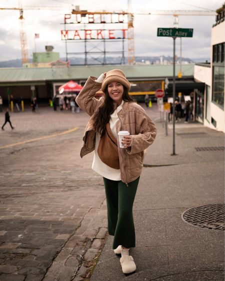 Granola girl outfit with Birkenstock Boston clogs, free people hailee sweater set, free people quilted dolman jacket, free people sweater, teddy bag, & teddy hat. 📍 Seattle, Washington. 

#LTKtravel #LTKSeasonal #LTKstyletip