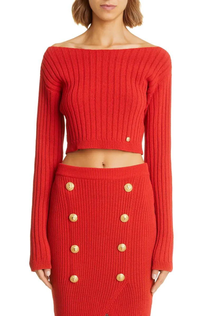 Balmain Crop Off the Shoulder Wool Blend Rib Sweater | Nordstrom | Nordstrom