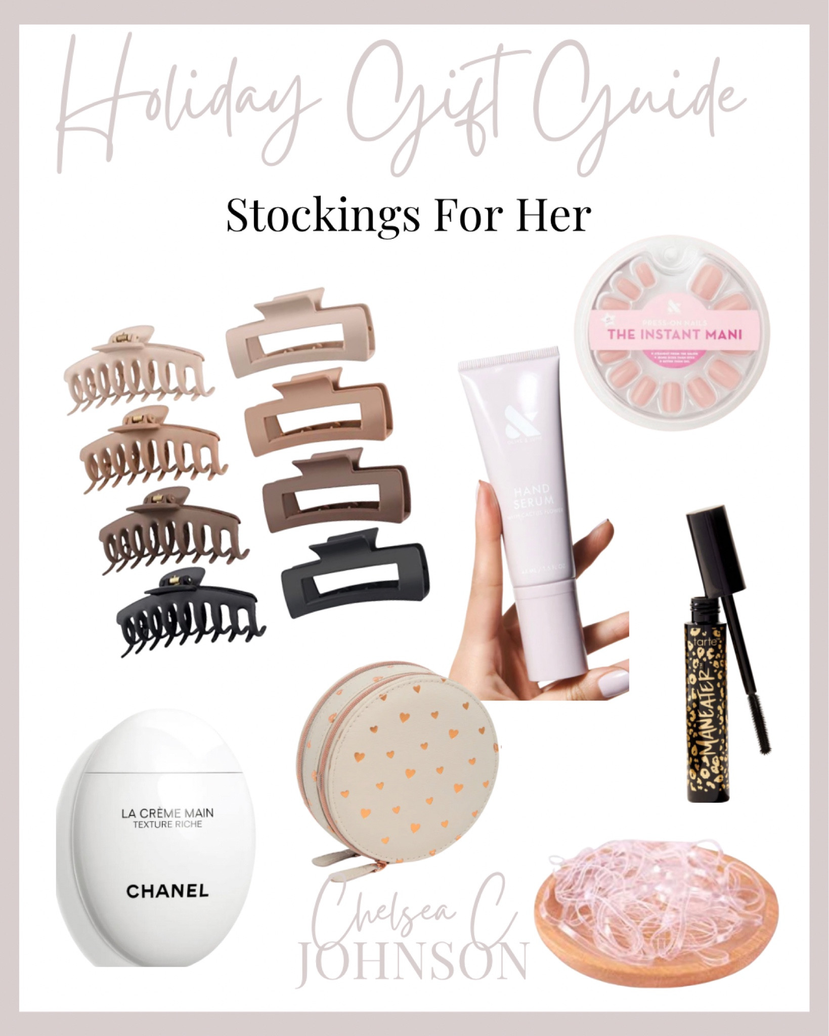 Chanel hand crea
Hair clips
Hair ties
Press ons
Hand serum
Mascara
Jewelry case 

#LTKbeauty #LTKHoliday #LTKstyletip