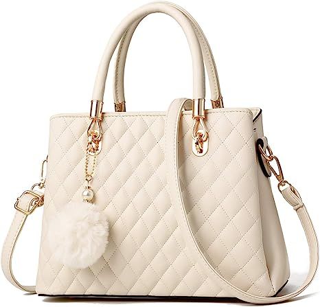 Womens Leather Handbag Purses Top Handle Quilted Shoulder Bag Totes Satchel for Ladies with Pompo... | Amazon (US)