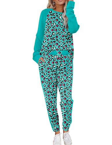 Ekouaer Women's Pajama Set Long Sleeve PJs 2 Piece Lounge Set Pullover Sleepwear Sweatshirt and Long Pants With Pockets Green Leopard Print XL | Amazon (US)