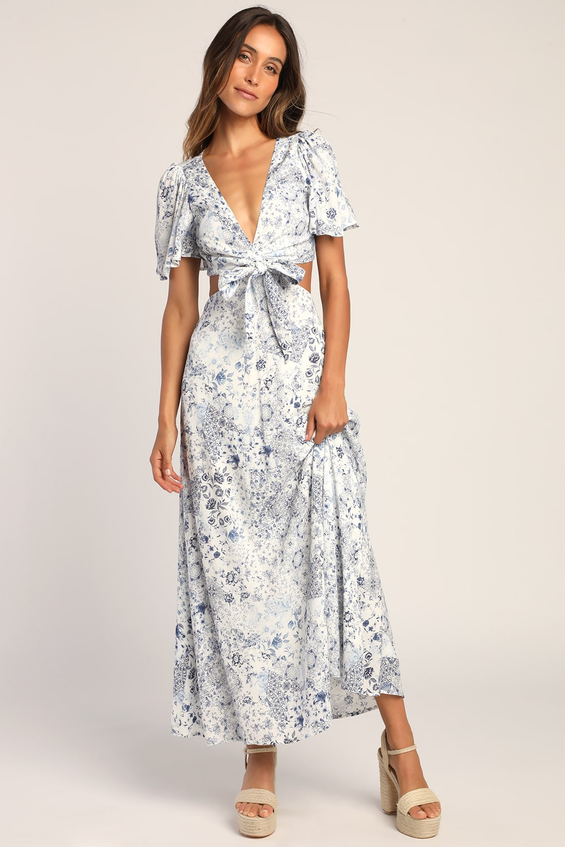 Stroll the Avenues White Floral Print Tie-Front Maxi Dress | Lulus