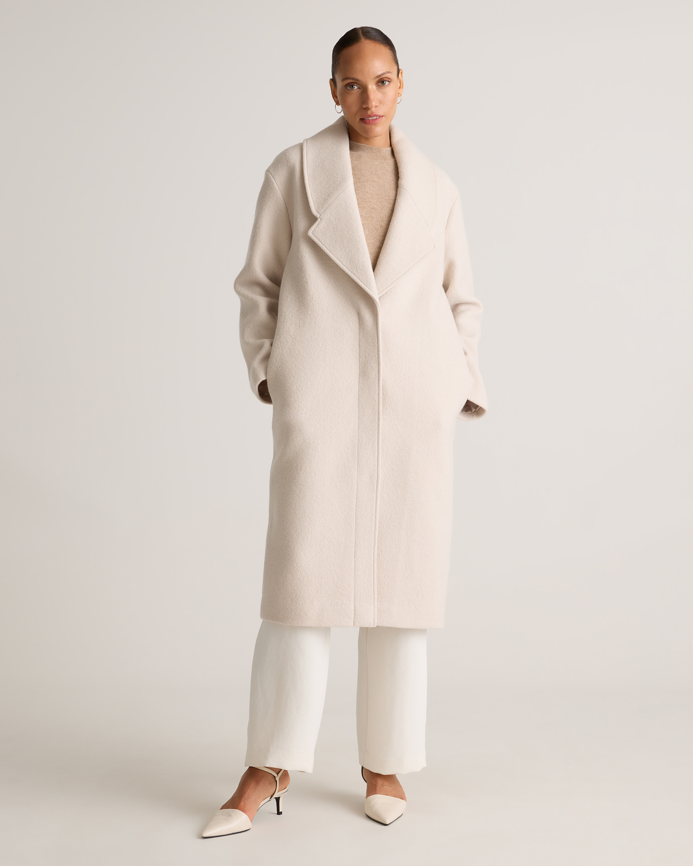 Quince | Women's 100% Merino Wool Shawl Collar Long Coat in Heather Bone, Size Large | Quince