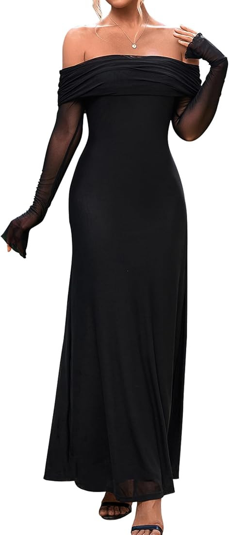 KUTUMAI Women Party Formal Wedding Guest Dress | Off Shoulder, Bodycon, Maxi, Long Sleeve, Mesh, ... | Amazon (US)