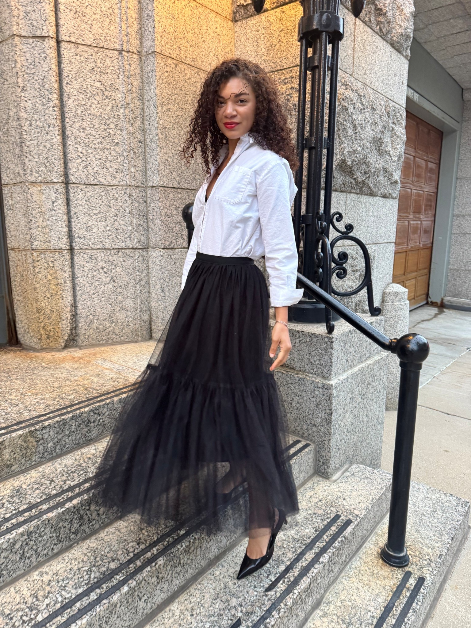 Birthday dinner outfit: white button up, tulle skirt, slingback heels  

#LTKootd