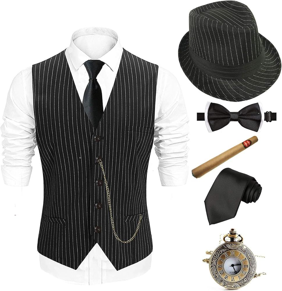 1920s Mens Fedora Hat,Gatsby Gangster Vest,Vintage Pocket Watch,Plastic Cigar,Pre Tied Bow Tie,Ti... | Amazon (US)