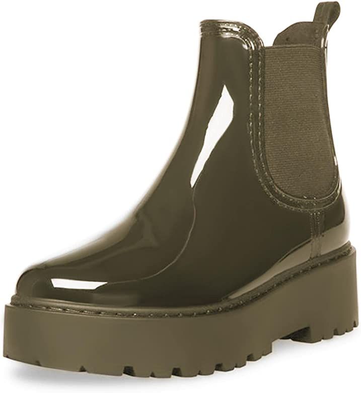 Amazon.com | Womens Platform Rain Boots Patent Leather Chelsea Boots Waterproof Slip on Booties R... | Amazon (US)