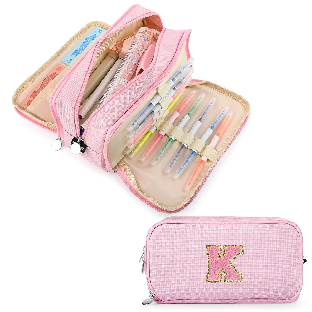 Extra Large Capacity Pencil Case 3 Compartment Initial Pencil Pouch Personalized Cute Aesthetic S... | Amazon (US)