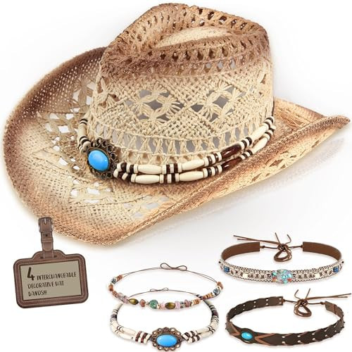 Straw Cowboy Hat Western Cowgirl Hat with Four Decorative Bands, Hat Size Fits 21 7/8 to 23, Wide Brim, Beige | Amazon (US)