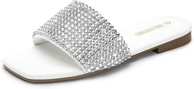 DREAM PAIRS Women's Cute Square Toe Summer Slip on Slides, Rhinestone Open Toe Dressy Flat Sandal... | Amazon (US)