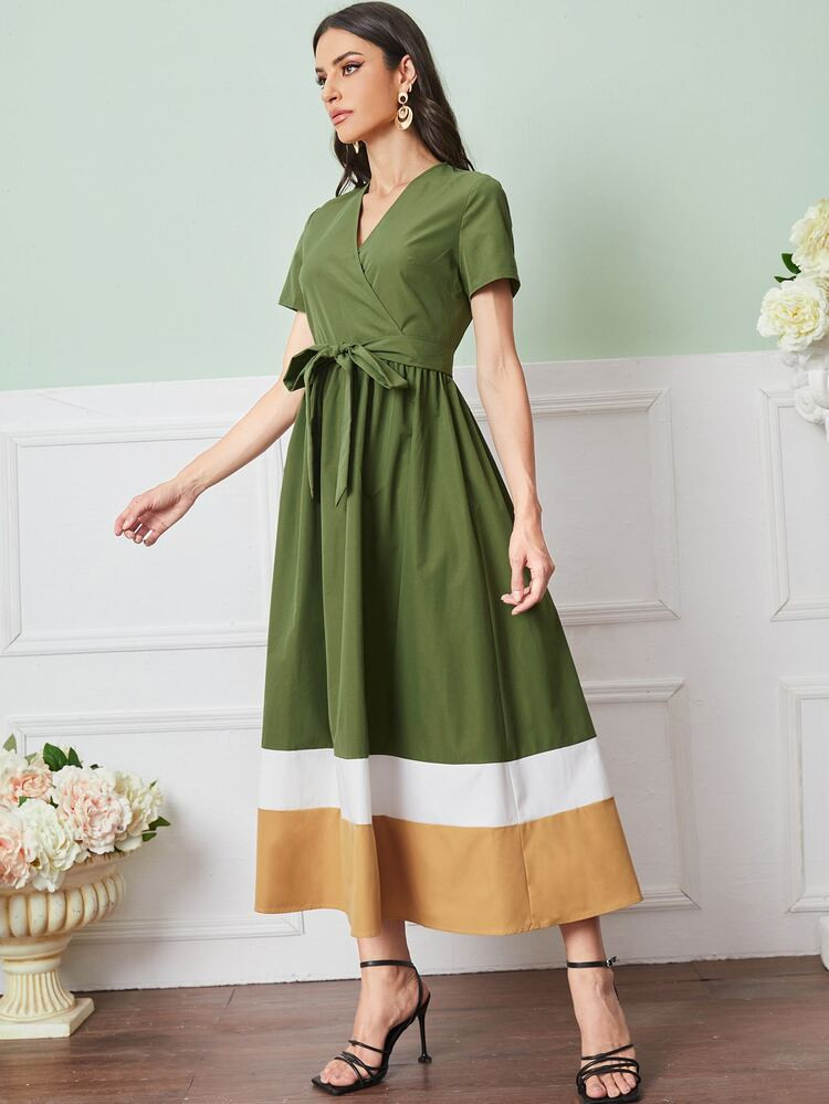 Surplice Neck Colorblock Belted Dress | SHEIN