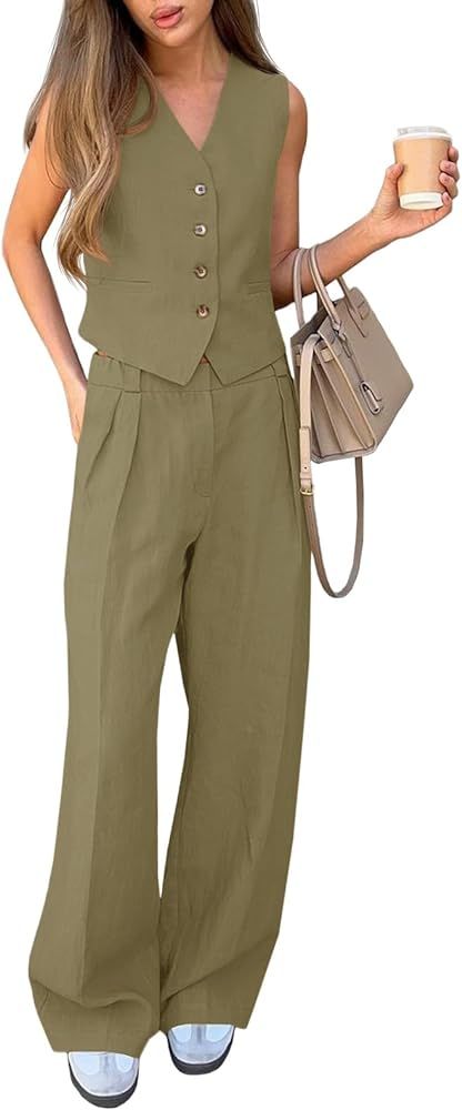 Cicy Bell Women's 2 Piece Outfits V Neck Crop Vest Blazer and Wide Leg Suit Pants Sets | Amazon (US)