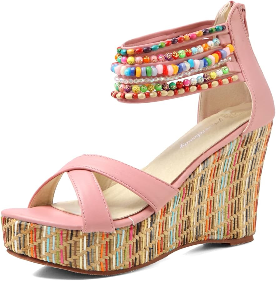 getmorebeauty Women's Wedge Sandals With Pearls Across The Top Platform Sandals High Heels, Pink,... | Amazon (CA)