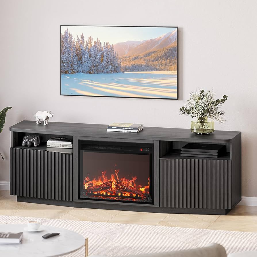 BELLEZE Fluted TV Stand with 23" Electric Fireplace Heater with Sound, 68" Entertainment Center f... | Amazon (US)