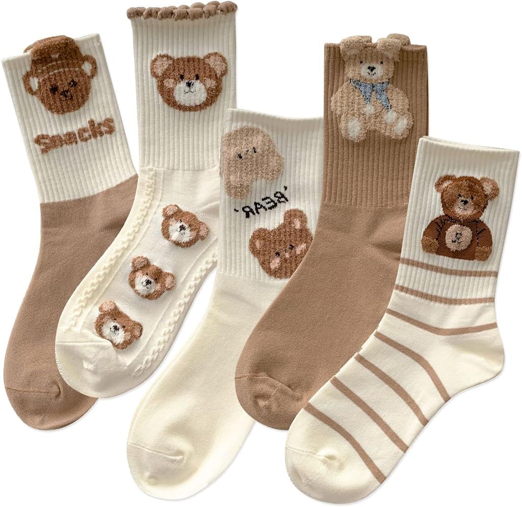 Amazon.com: IIG 3-6 Pairs Womens Cute Animal Patterned Funny Novelty Cotton Crew Socks (Cute bear... | Amazon (US)