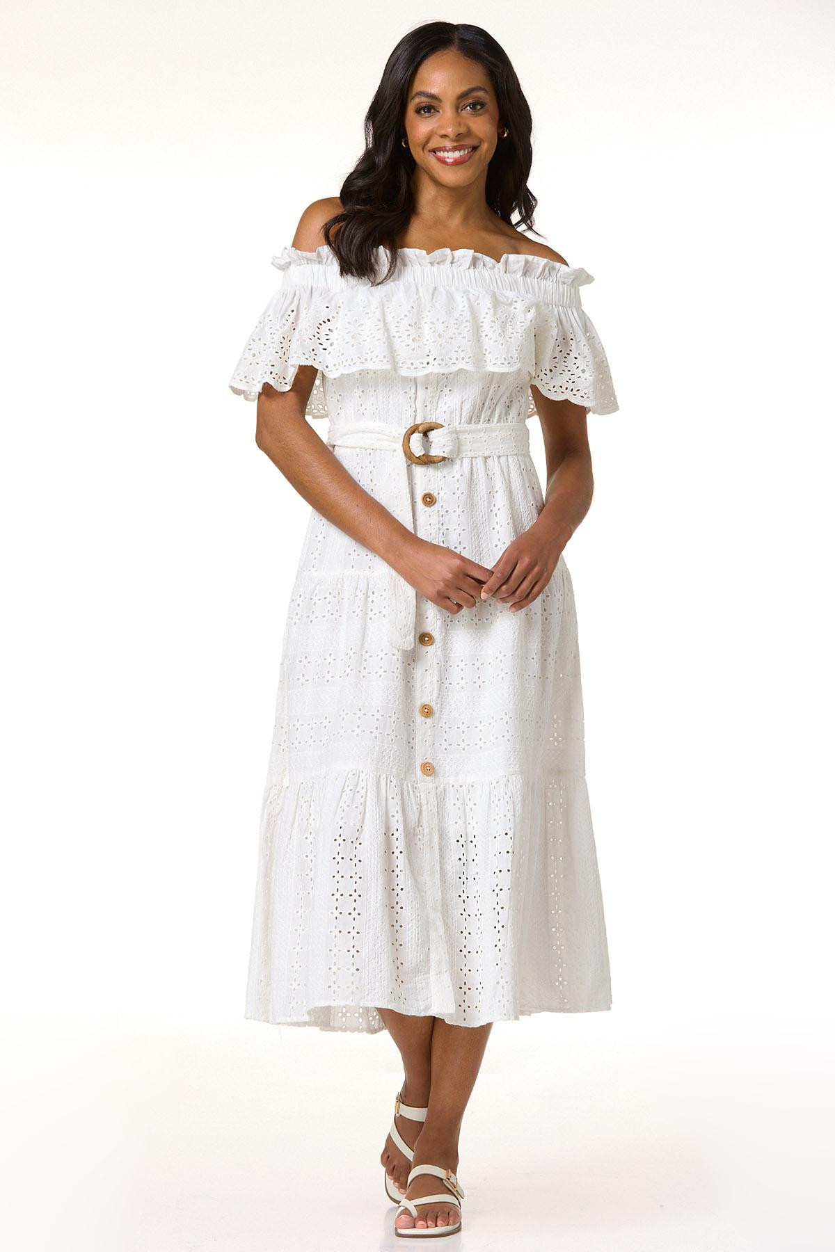 Eyelet Flounced Off Shoulder Dress | Cato Fashions