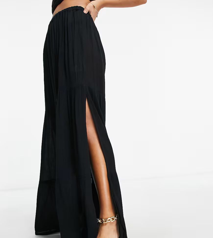 ASOS DESIGN petite crinkle tiered maxi beach skirt co-ord in black | ASOS (Global)