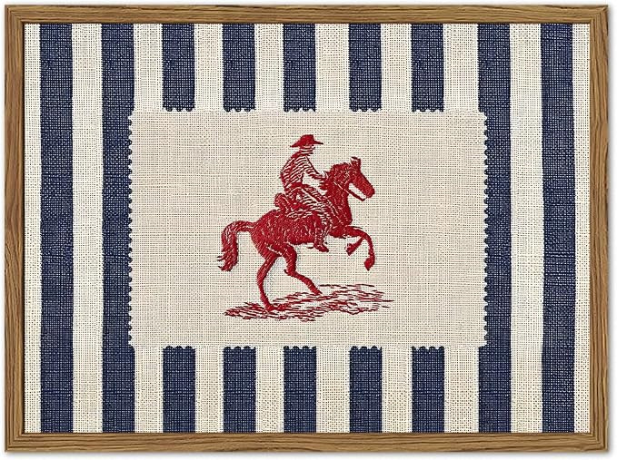 Vintage Western Wall Art Mid Century Striped Cowboy Wall Decor Painting Blue and White Southwest ... | Amazon (US)