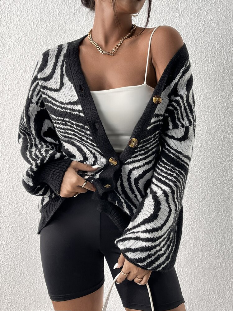 SHEIN LUNE Zebra Striped Pattern Drop Shoulder Cardigan,Long Sleeve Tops Fall Winter Cloth For Women | SHEIN