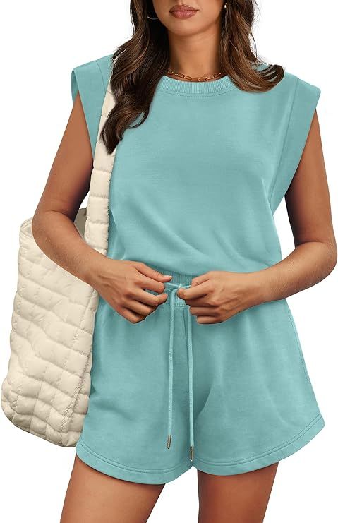 OFEEFAN Rompers for Women Summer Cap Sleeve Adjustable Drawstring Waistband Crewneck Casual Outfi... | Amazon (US)