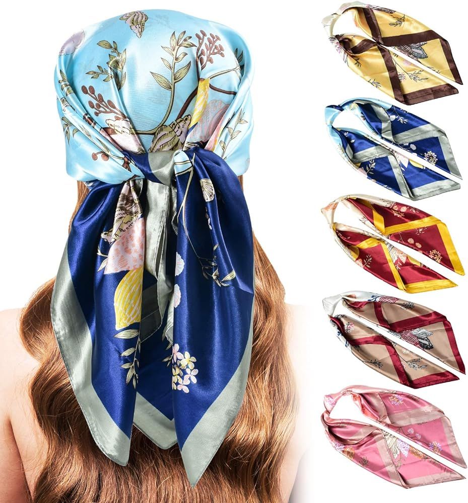 5PCS Large Satin Square Head Scarves Silk Like Neck Scarf Hair Wraps Headscarf for Sleeping Head ... | Amazon (US)