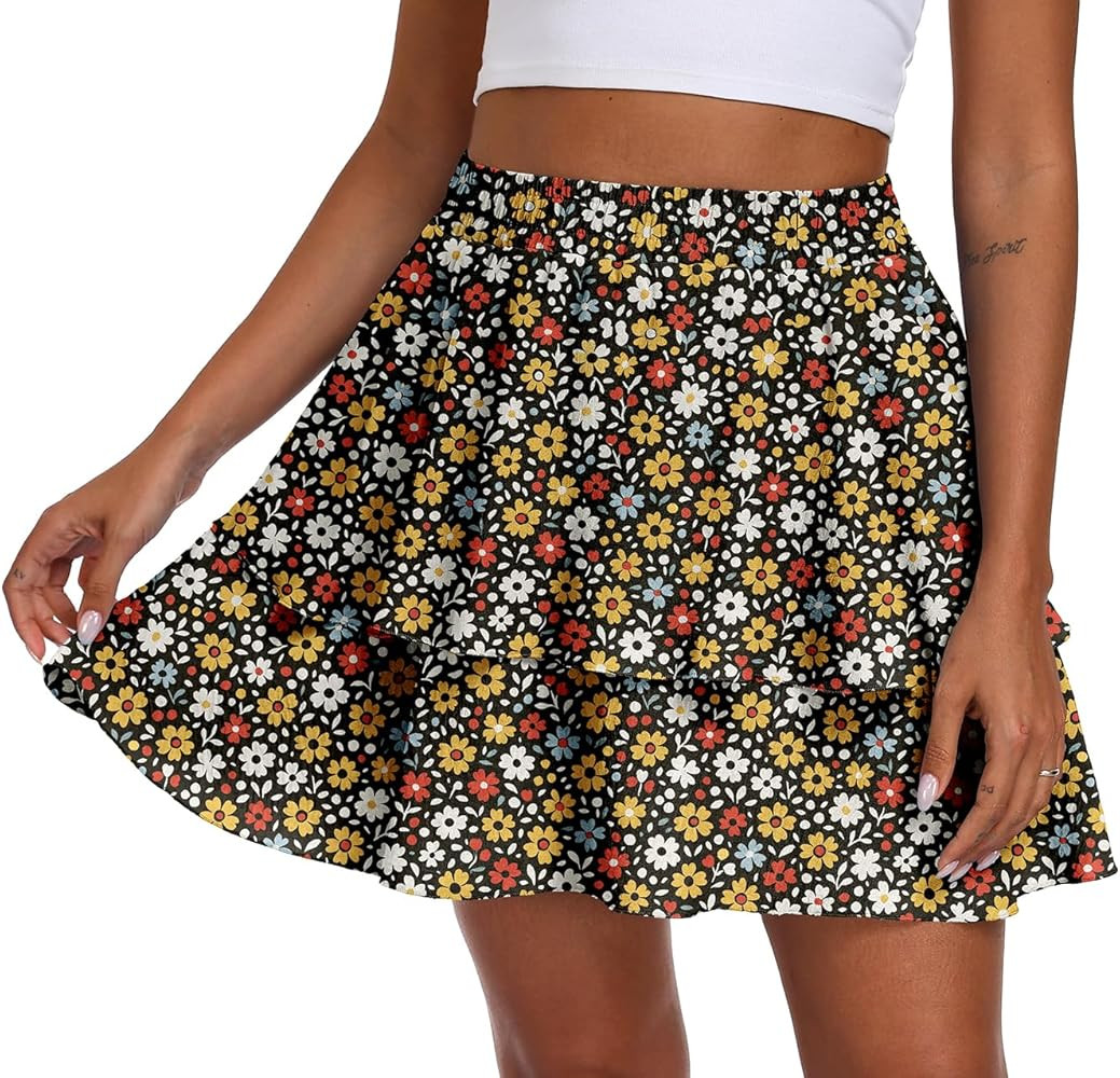 Lepunuo Boho Mini Skirts for Women Flowy Ruffle Tiered Skorts Skirts with Short Underneath with P... | Amazon (US)