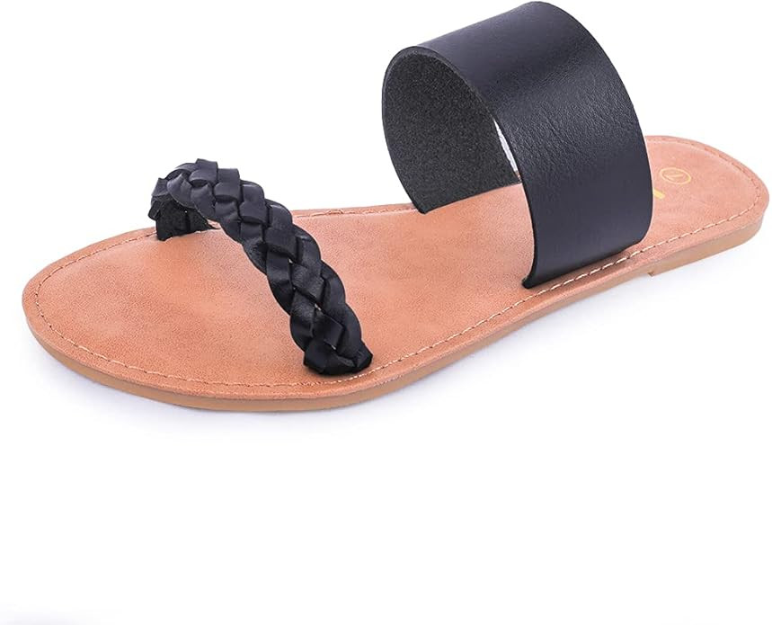 Women's Braided Slide Sandals Open Toe Two Strap Slip On Flat Sandals Casual Summer Shoes | Amazon (US)