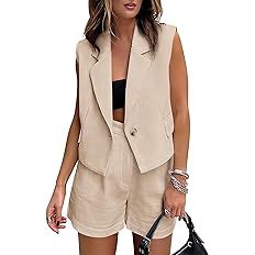 KIRUNDO Womens Summer Two Piece Sets Button Sleeveless Crop Vest Blazer and High Waisted Shorts S... | Amazon (US)
