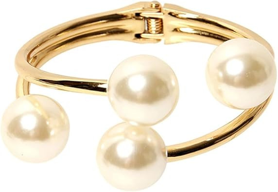 Pearl Bangle Bracelet for Women Chunky Pearls Gold Bangle Opened Bracelet Minimalist Cuff Bracele... | Amazon (US)