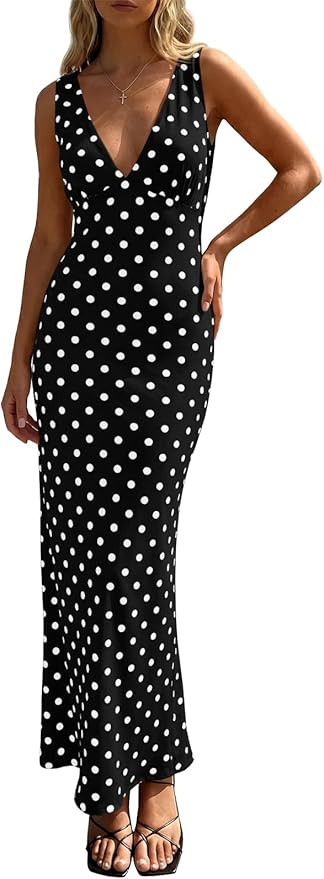 Wenrine Womens Summer Polka Dot Maxi Dress Mesh Wedding Guest Bodycon Sexy V Neck Sleeveless Part... | Amazon (US)