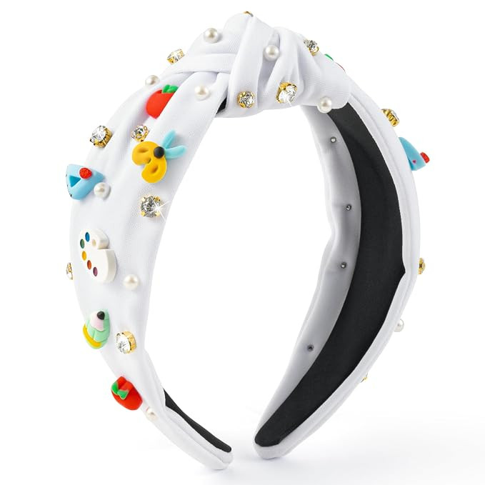 Teacher Jeweled Knotted Headband - Back To School Gift Apple Pencil Rhinestone Pearl Embellished ... | Amazon (US)