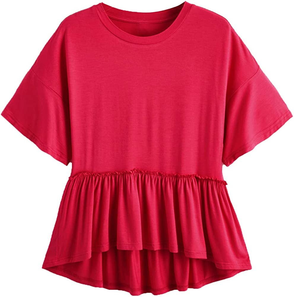Romwe Women's Loose Ruffle Hem Short Sleeve High Low Peplum Blouse Top | Amazon (US)