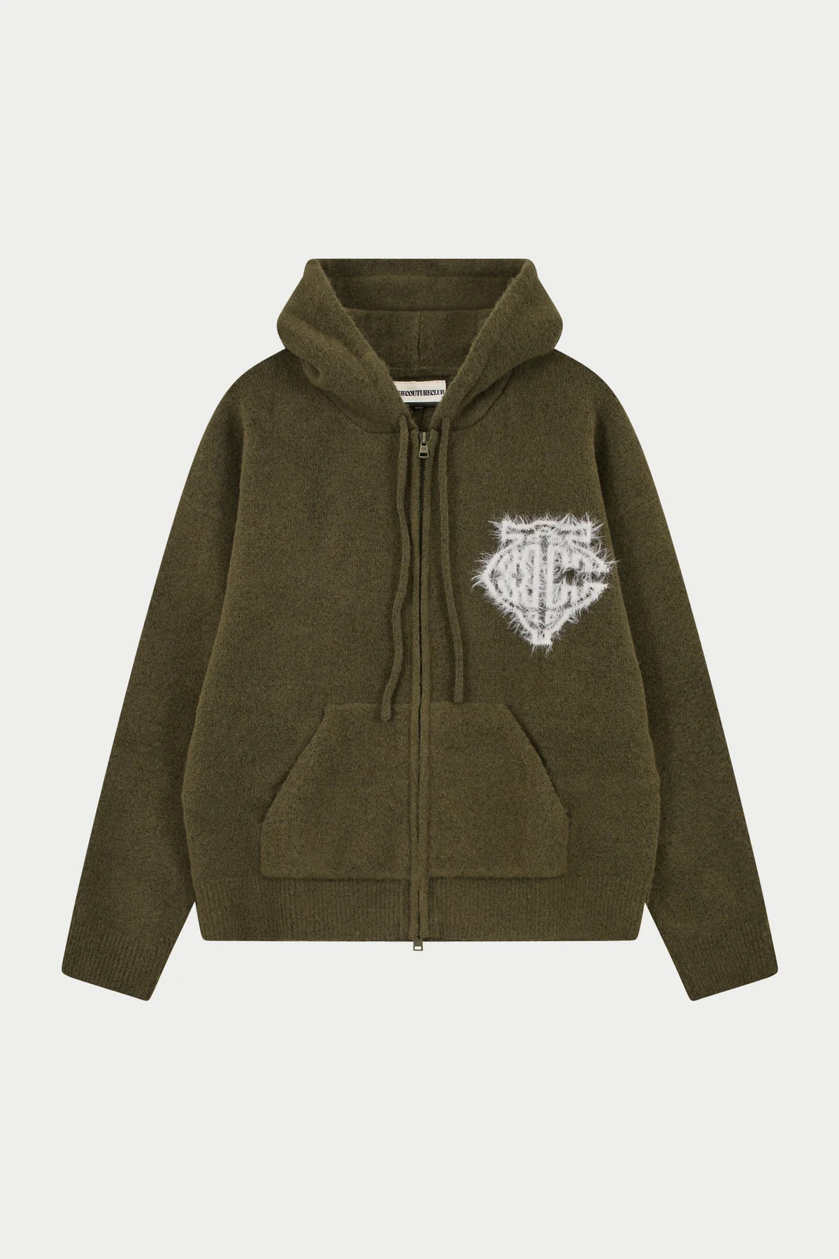 MONOGRAM FLUFFY KNIT ZIP THROUGH HOODIE - KHAKI | The Couture Club