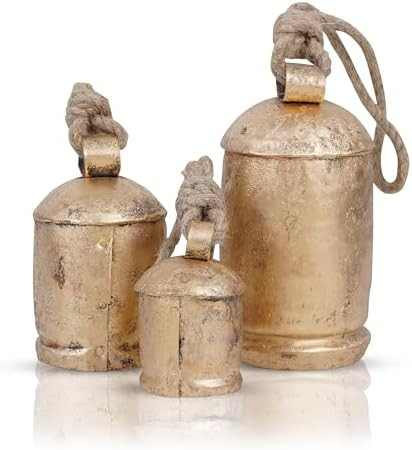 3 Pc Giant Harmony Cow Bells Rustic Handmade Decorative Vintage Hanging Bells with Jute Rope (Gol... | Amazon (US)
