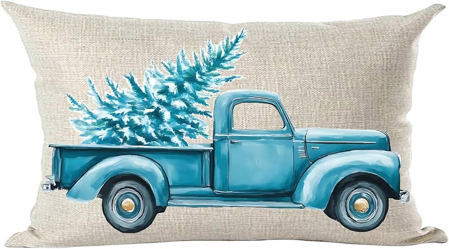 Ramirar Merry Christmas Happy New Year Watercolor Blue Pickup Truck Pine Tree Decorative Lumbar T... | Amazon (US)