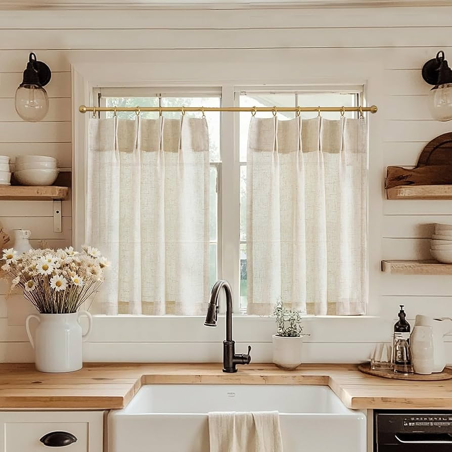 jinchan Linen Pinch Pleated Kitchen Curtains 24 Inch 2 Panels Natural Linen Tier Curtains Back Ta... | Amazon (US)