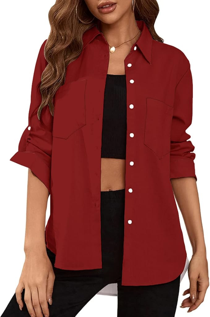 Deer Lady Womens Button Down Shirts Roll Up Long Sleeve Casual Blouse Shirts Tops | Amazon (US)