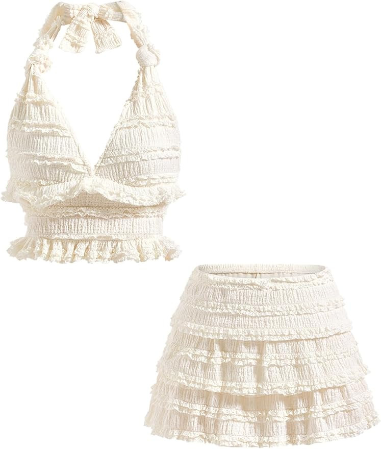 Women's 2 Piece Beach Outfit Tie Backless Halter Crop Top and Ruffle Mini Skirt Set | Amazon (US)