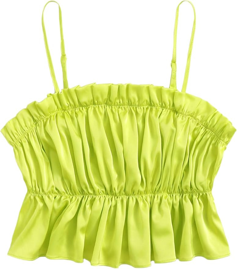 Milumia Women Ruched Ruffle Hem Satin Cami Crop Top Spaghetti Strap Frilled Camisole | Amazon (US)