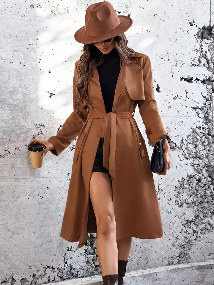 SHEIN LUNE Lapel Neck Belted Slant Pocket Coat | SHEIN