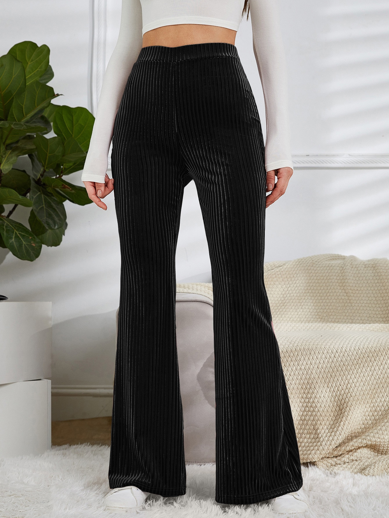 SHEIN Frenchy High Waist Flare Leg Velvet Pants | SHEIN USA | SHEIN