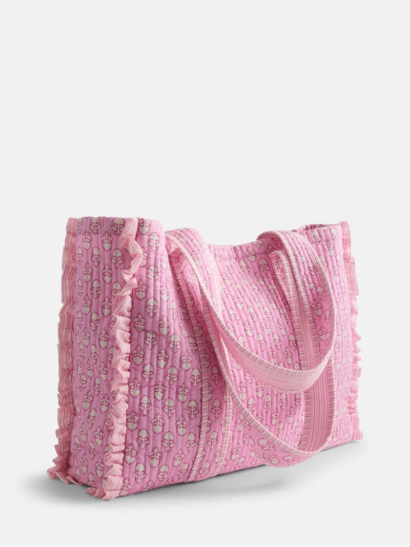 No Boundaries Quilted Tote Bag, Women's, Pink Floral | Walmart (US)