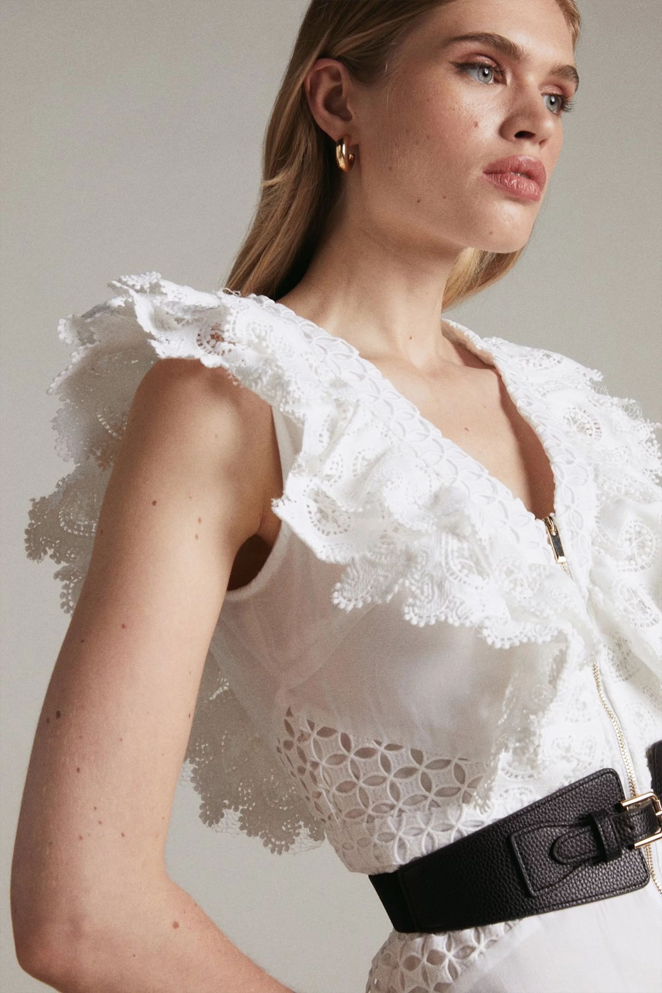 Broderie And Ruffle Detail Maxi Woven Dress | Karen Millen UK & IE