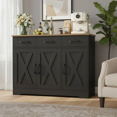 This Farmhouse-Style Coffee Bar Sideboard Features A Black And Brown Exterior, Three Drawers, And Adjustable Shelves, Making It Ideal For Kitchen Stor | Wayfair North America