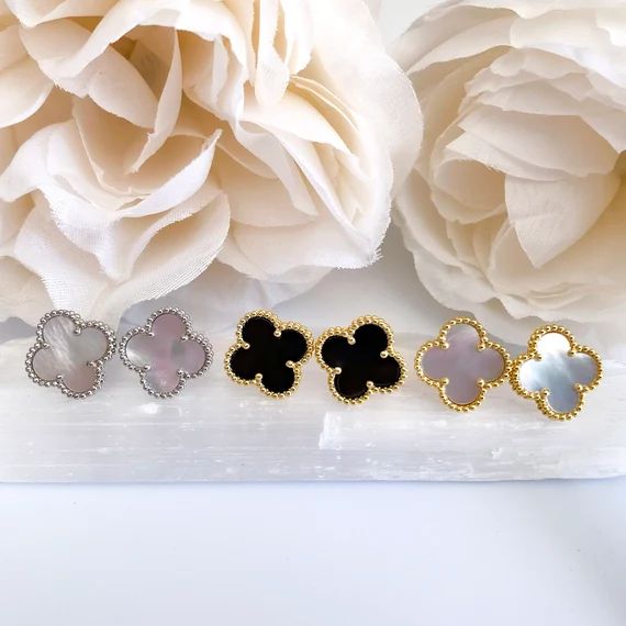 High quality 18K Gold Mother of Pearl clover earrings - Black Agate gold quatrefoil earrings - 18... | Etsy (US)