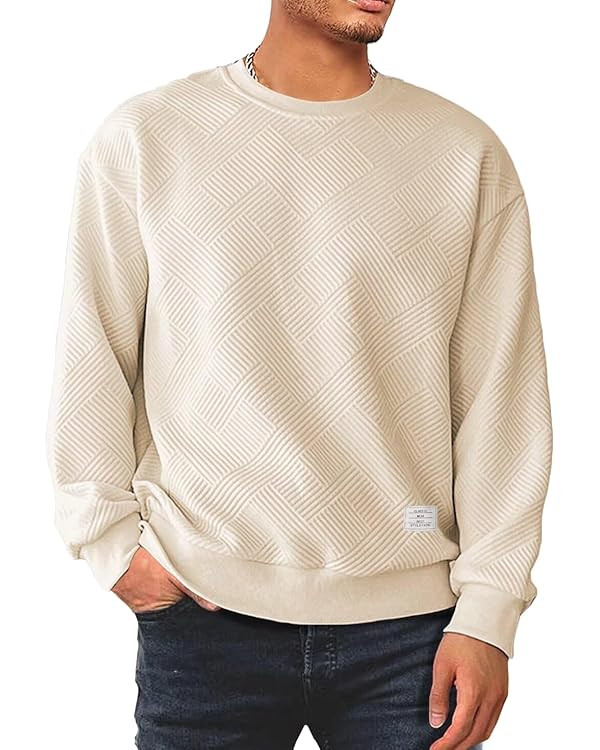 Men's Crewneck Sweatshirts Soild Color Geometric Texture Long Sleeve Casual Pullover Shirt | Amazon (US)